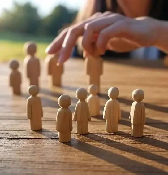 Main posant des figurines en bois sur une table lors d’une séance de constellation familiale à Comines